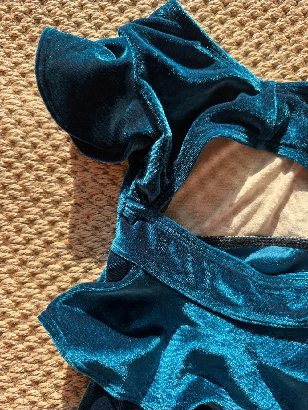 Kandi Kouture Girls Teal Velvet Ruffle Dance Leotard Costume size child small